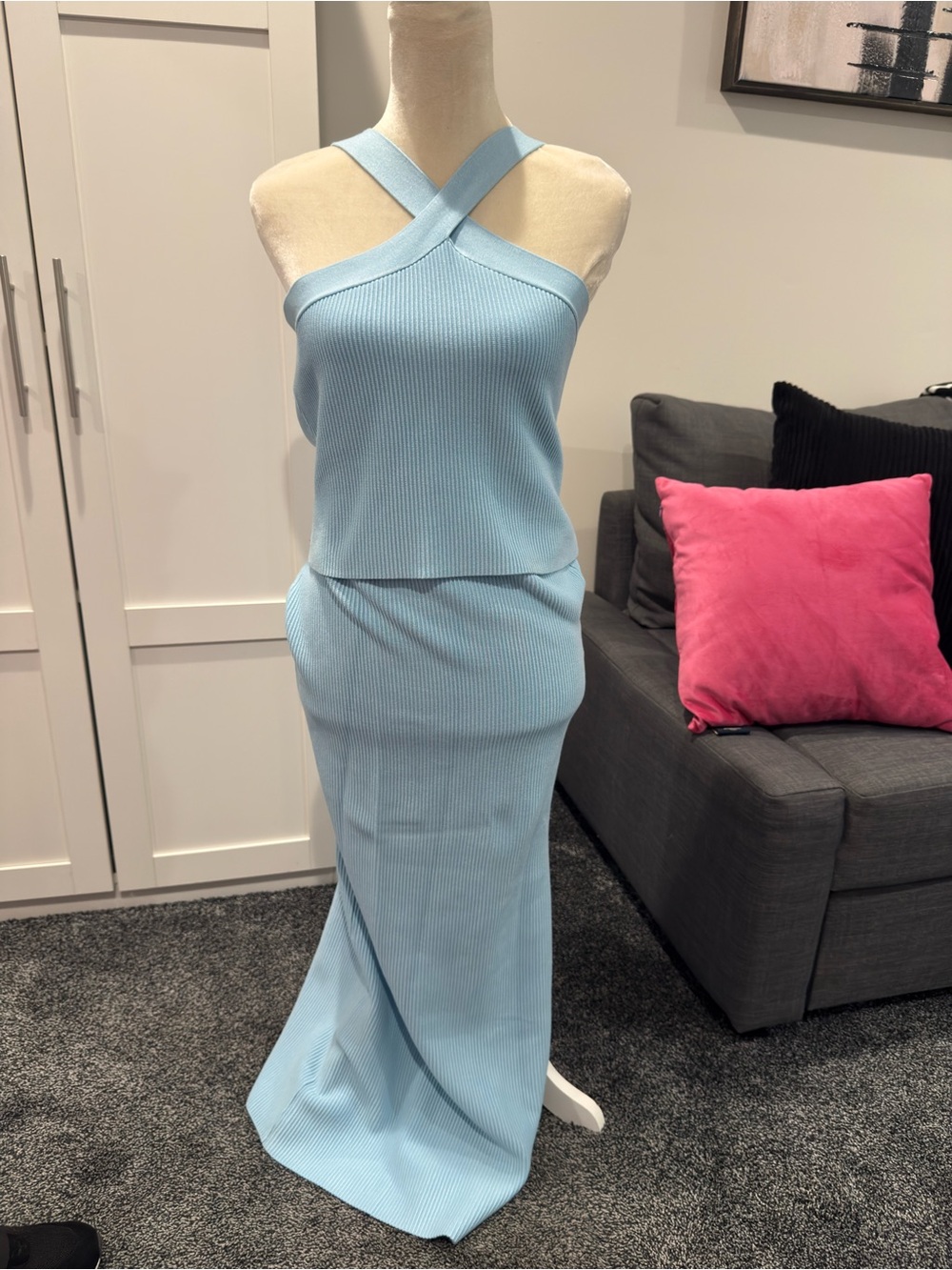 The Drop Sky Blue Knit Maxi Skirt/Top Set